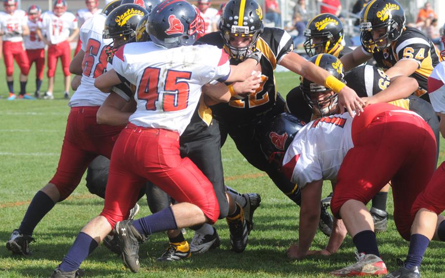 Patch quarterback Jack Smith powers in for a touchdown to put the Panthers up 6-0 in the first quarter. The Panthers never looked back on their way to a 31-8 victory over Lakenheath on Saturday.