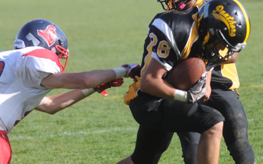 Patch running back Anthony Coltson scores on a 11-yard touchdown run in the fourth quarter, helping to seal a 31-8 Panther victory over Lakenheath on Saturday.