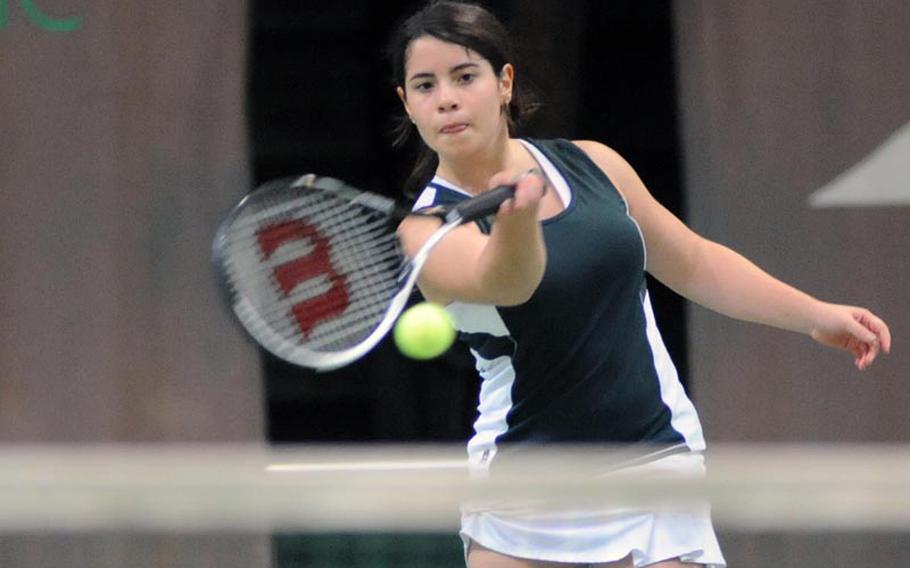 Alconbury's Caitlin Cash returns a shot from Ansbach's Jordan Callahan in their first round match at the DODDS-Europe tennis championships, Thursday. Cash won 6-3, 6-3, but lost in the next round to top-seed Eugenia Srodowski of Patch, 6-0, 6-0.