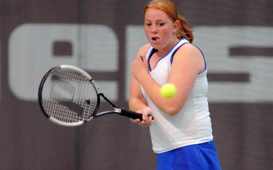 Ansbach's Jordan Callahan returns a shot against Alconbury's Caitlin Cash. Callahan dropped the first-round match 6-3, 6-3.