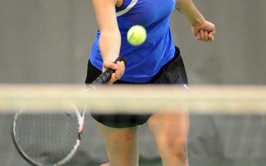 Incirlik's Polen Gocge returns a shot by Kaiserslautern's Brianna Goulet  in a first-round match at the DODDS-Europe tennis championships. Goulet won 6-2, 6-1.