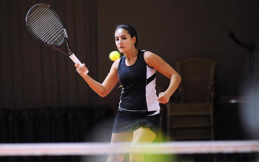 Vicenza's Jenna Pimentel returns a shot against Wiesbaden in a second-round doubles match at the DODDS-Europe tennis championships on Thursday.  Pimentel and her sister Samantha lost to fourth-seeded Peyton Taylor and Kate Connors, 6-1, 6-3.