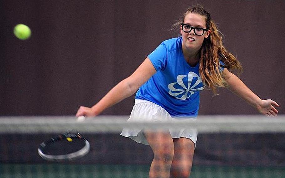 Wiesbaden's Jade Sullivan returns a shot at the net in her semifinal match against Alexandria Bellas.  Bellas won the match 6-3, 5-7, 6-1.