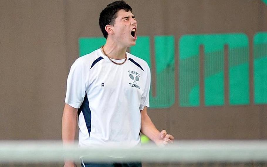 SHAPE's Dimitris Stavropoulos reacts to a won point in the boys singles final at the DODDS-Europe tennis championships. Stavropoulos, the second seed, upset top-seeded, two-time defending champion Ajdin Tahirovic of Patch, 3-6, 6-4, 6-4.