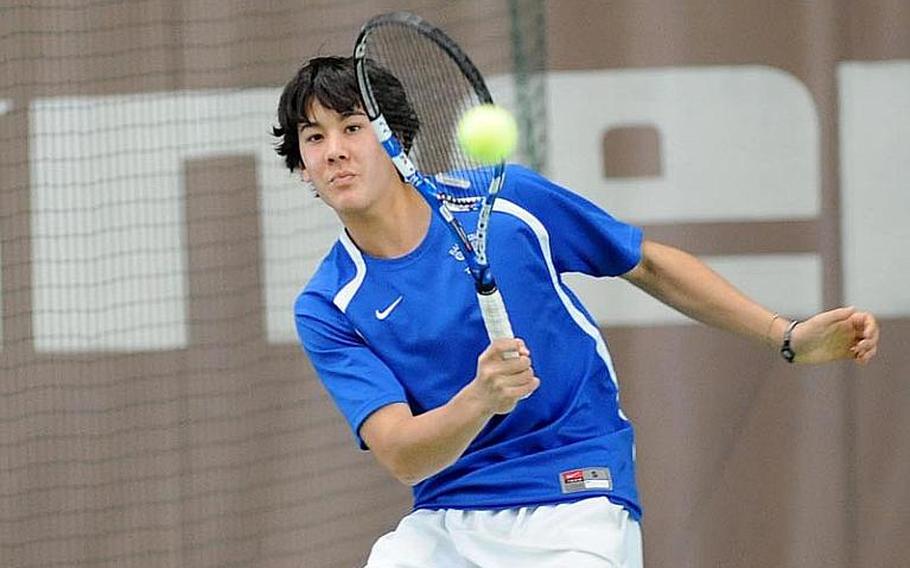 Ramstein's Lee DeBose returns a shot in the boys doubles final. DeBose and Aryan Von Eicken, defeated Heidelberg's Jack Kolodziejski and Wylder Raney 6-2, 6-1 to capture the 2012 DODDS-Europe boys doubles title.