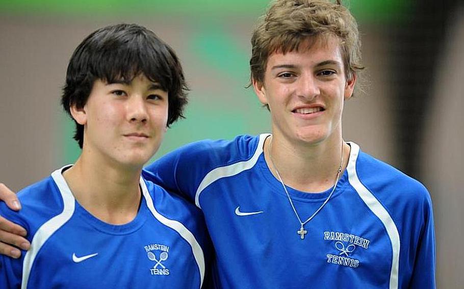 Ramstein's Lee DeBose, left, and Aryan Von Eicken, the tourney's second seeds, captured the boys doubles title at the DODDS-Europe tennis championships Saturday, after defeating the top-seeded Heidelberg duo of Jack Kolodziejski and Wylder Raney 6-2, 6-1.