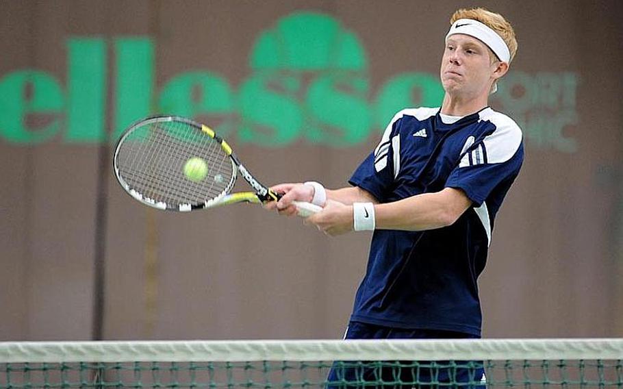 Heidelberg's Wylder Raney returns a shot at the net in the boys doubles final at the DODDS-Europe tennis championships. Raney and teammate Jack Kolodziejski fell to Ramstein's Lee DeBose and Aryan Von Eicken 6-2, 6-1.