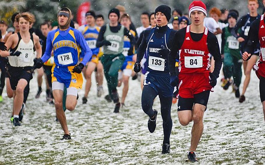 The boys 2012 DODDS-Europe cross country championships get off to a quick start Saturday at the snowy Rolling Hills Golf Course in Baumholder, Germany.