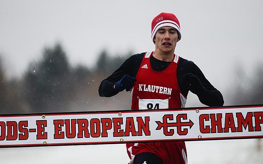 Kaiserslautern's Michael Lawson, the boys 2012 DODDS-Europe cross country championships overall first-place finisher with a time of 16:56.79, crosses the finish line Saturday at the Rolling Hills Golf Course in Baumholder, Germany.