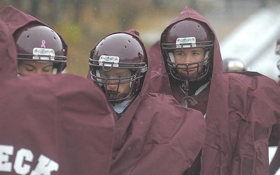 Vilseck players wore cold-weather parkas over their pads while on the sidelines during the first half of Saturday's DODDS-Europe Divsion I semifinal game against Patch. Cold, wet weather was a likely suspect for sloppy play during the game, which Patch won, 30-8.