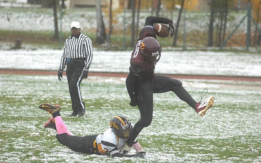 Senior Vilseck running back Carlton Campbell finds his footing during Saturday's DODDS-Europe Division I semifinal game against Patch. The Panthers won, 30-8, and will play Ramstein for the championship next Saturday.