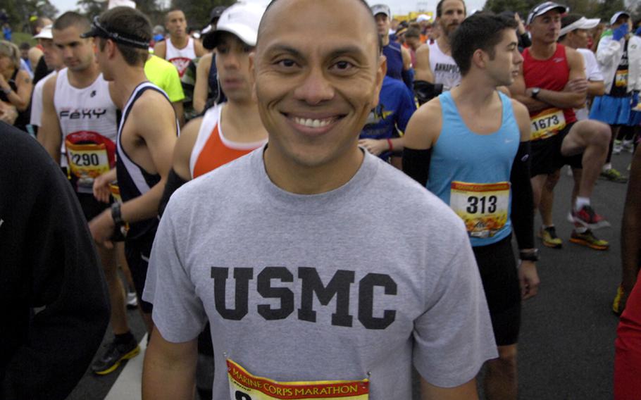 Runners await the start of the Marine Corps Marathon.