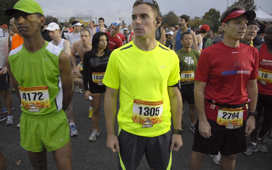 Runners await the start of the Marine Corps Marathon.