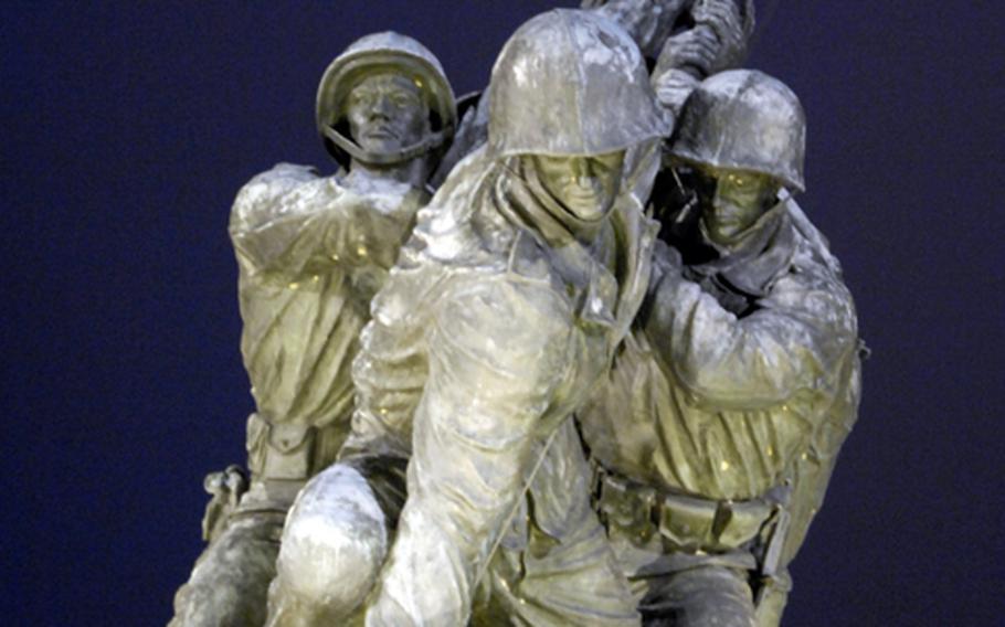 The Marine Corps War Memorial, site of the finish of the Marine Corps Marathon, in the pre-dawn hours.