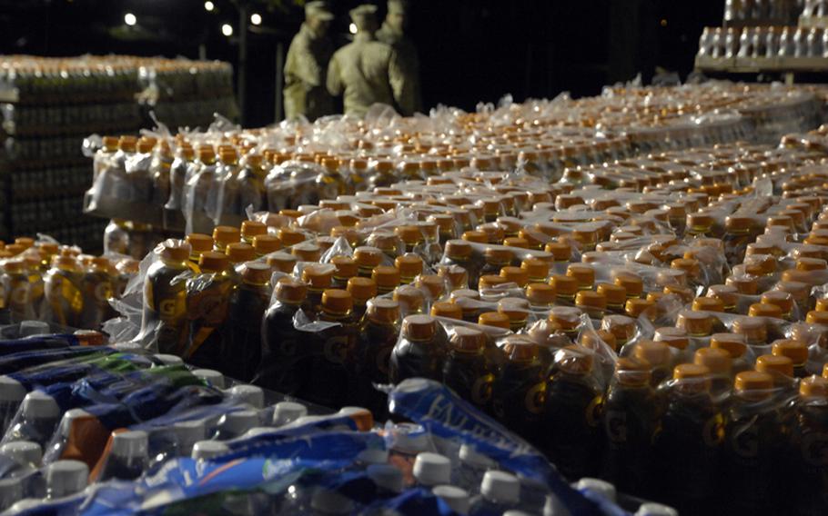 Post-race refreshments are ready before the start of the Marine Corps Marathon.