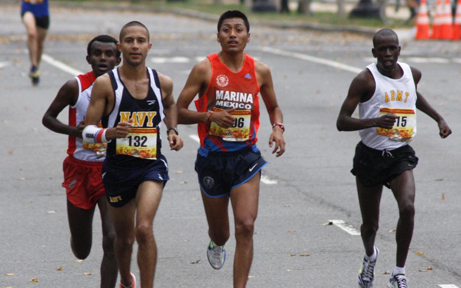 Runners in the Marine Corps Marathon approach the 17-mile mark.