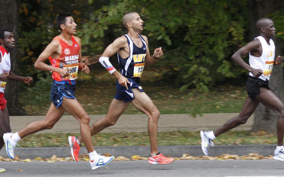 Runners in the 37th Marine Corps Marathon head for the 17-mile mark on Independence Ave. in Washington, D.C.
