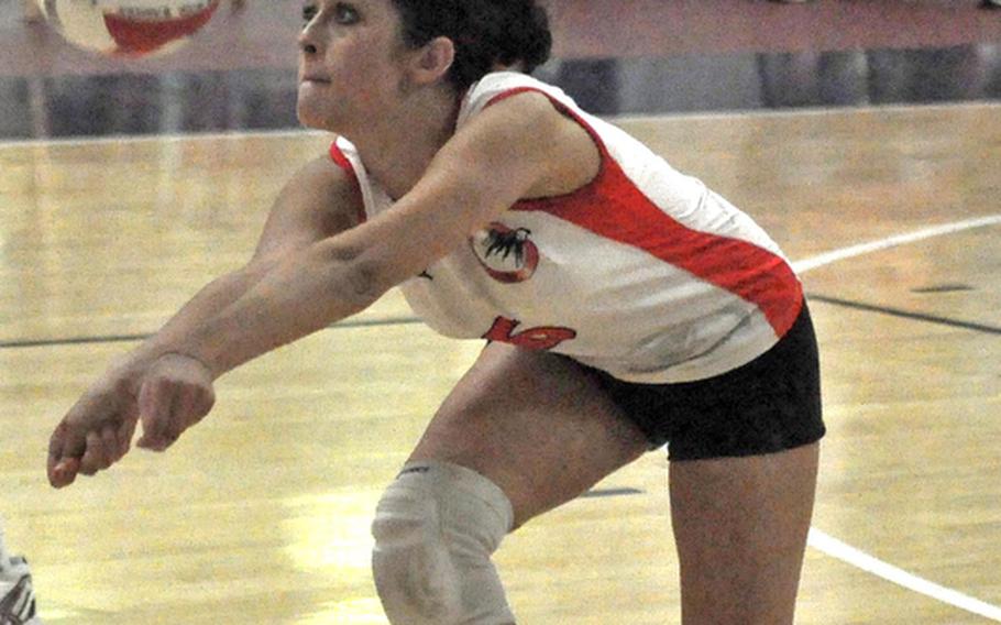 AOSR's Cat Fantetti rushes forward to make a dig and keep the ball in play during her team's 25-14, 33-31, 25-15 victory over Aviano on Oct. 12. AOSR will be competing in Division II when the DODDS-Europe volleyball championships that get underway Thursday in the Kaiserslautern Military Community.