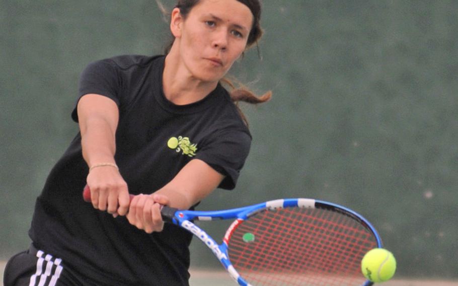 Yokota Panthers senior singles player Emily Beemsterboer rips a backhand during Wednesday's Kanto Plain Association of Secondary Schools Tennis Tournament at Shirako, Chiba Prefecture, Japan. Beemsterboer won the girls singles title, beating Natalie Burke of Zama American Trojans 6-2, 7-5.