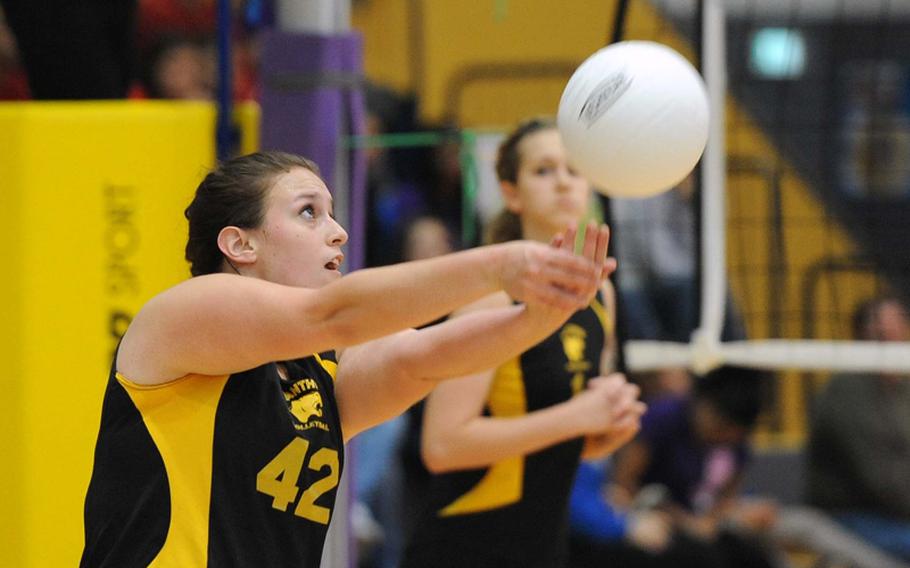 Patch's Brittany Hyde returns a ball in the Division I final at the DODDS-Europe volleyball championships in Ramstein, Saturday. The Royals beat Patch 25-12, 25-14, 25-19.