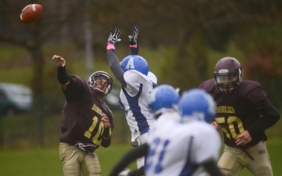 Baumholder's Ben McDaniels throws a pass in the Buccaneers' 26-0 win over the Rota Admirals in the 2012 DODDS-Europe Division III football championship Saturday afternoon in Baumholder, Germany.