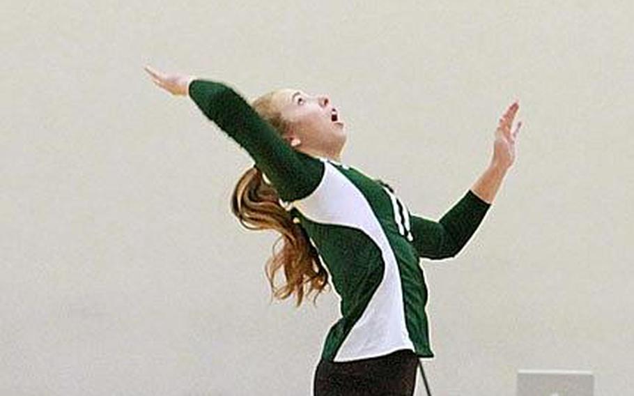 Kubasaki sophomore Kelsey Rogers goes up for a spike kill during Tuesday's division-play matches in the Far East High School Girls Division I Volleyball Tournament at Naval Base, Guam. Kubasaki won its three division-play matches to earn the No. 9 seed into the single-elimination playoffs.