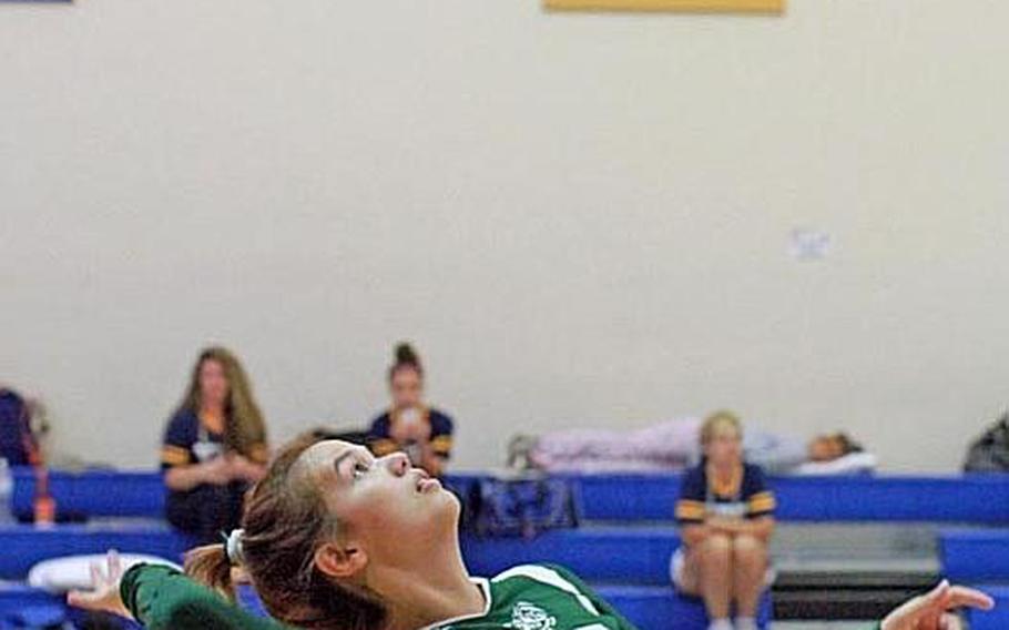 Kubasaki senior Jienniphyre Soderlund readies to hit the ball during Tuesday's division-play matches in the Far East High School Girls Division I Volleyball Tournament at Naval Base, Guam. Kubasaki won its three division-play matches to earn the No. 9 seed into the single-elimination playoffs.