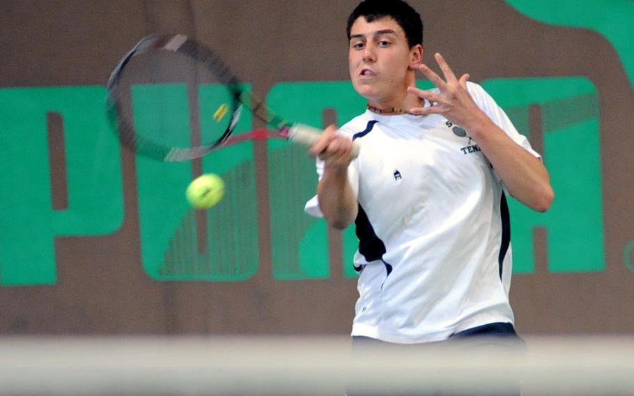 SHAPE's Dimitris Stavropoulos slams a shot across the net in the boys final at the DODDS-Europes tennis championships in October. Stavropoulos, the second seed, upset top-seeded, two-time defending champion Ajdin Tahirovic of Patch in the match, and has been chosen as the Stars and Stripes boys tennis Athlete of the Year.