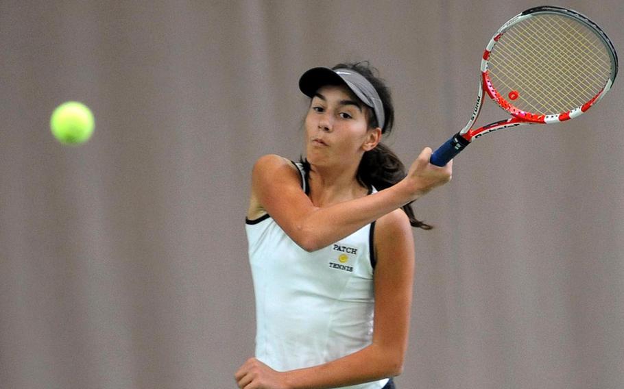 Patch's Eugenia Srodowski returns a shot by AFNORTH's Alexandria Bellas in the girls singles final at the 2012 DODDS-Europe tennis championships. Srodowski took the title with a 1-6, 6-3, 7-5 win, and has been chosen as the Stars and Stripes' girls tennis Athlete of the Year.