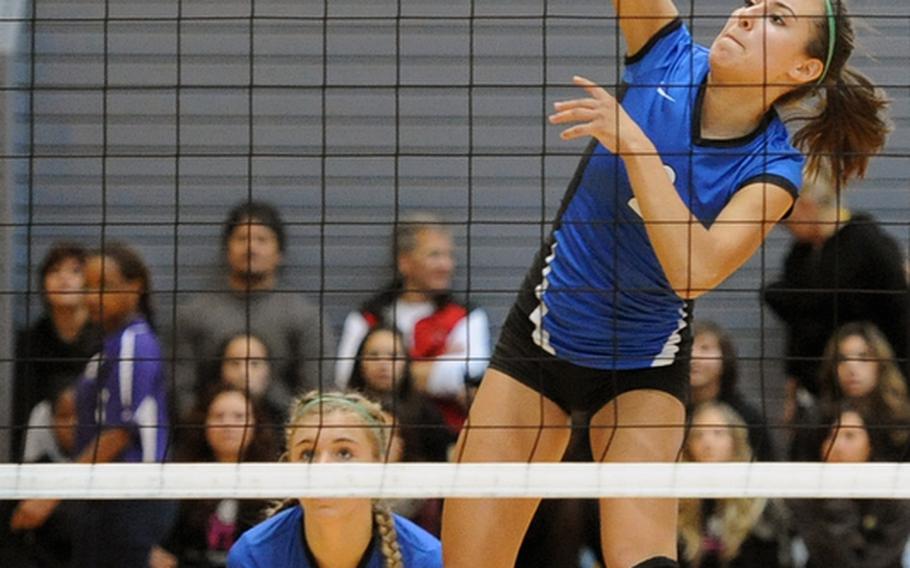 Rota's Aspen Luna slams a ball back across the net for a point in front in the Division III final at the DODDS-Europe volleyball championships on Nov. 3. Luna has been named the Stars and Stripes volleyball Athlete of the Year for the second time.