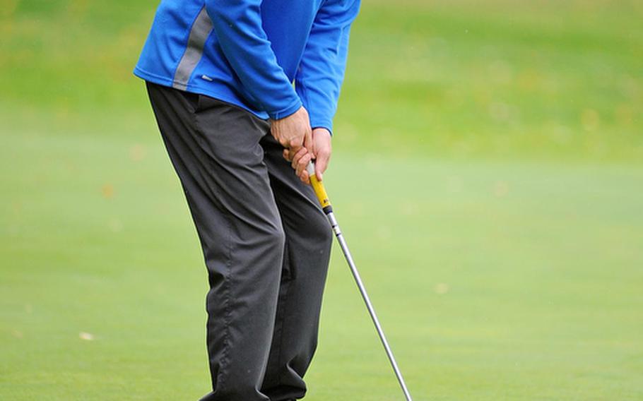 Ramstein's Evertett Plocek reacts as a putt comes up short during the final round of the 2012 DODDS-Europe golf championships in October. Plocek took the title and has been named the Stars and Stripes' boys golf Athlete of the Year.