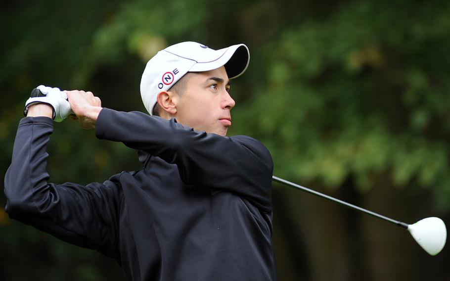 Ramstein's Evertett Plocek watches his tee shot at the 2012 DODDS-Europe golf championships in October. Plocek, who won the championship has been named the Stars and Stripes' boys golf Athlete of the Year.