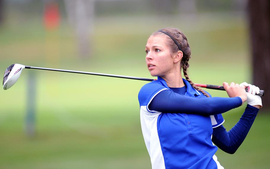 Defending girls champion Jenna Eidem of Wiesbaden follows her tee shot in final round action at the 2012 DODDS-Europe golf championships in October. Eidem defended her title and has been named Stars and Stripes' girls golf Athlete of the Year.