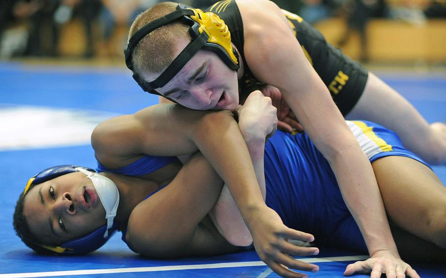 Patch's Isaac McIlvene, top, took the 120-pound  title at the DODDS-Europe wrestling championships in Wiesbaden, last season, beating Wiesbaden's Dante Thomas. McIlvene will be back for the Panthers when the 2012-13 DODDS-Europe wrestling season gets under way Saturday.