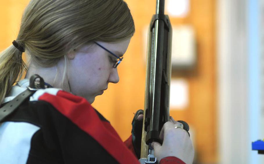Vilseck junior Shelby Gronhoff reloads her rifle during a marksmanship meet Saturday at Ansbach. Gronhoff took second place at the meet with a score of 276.