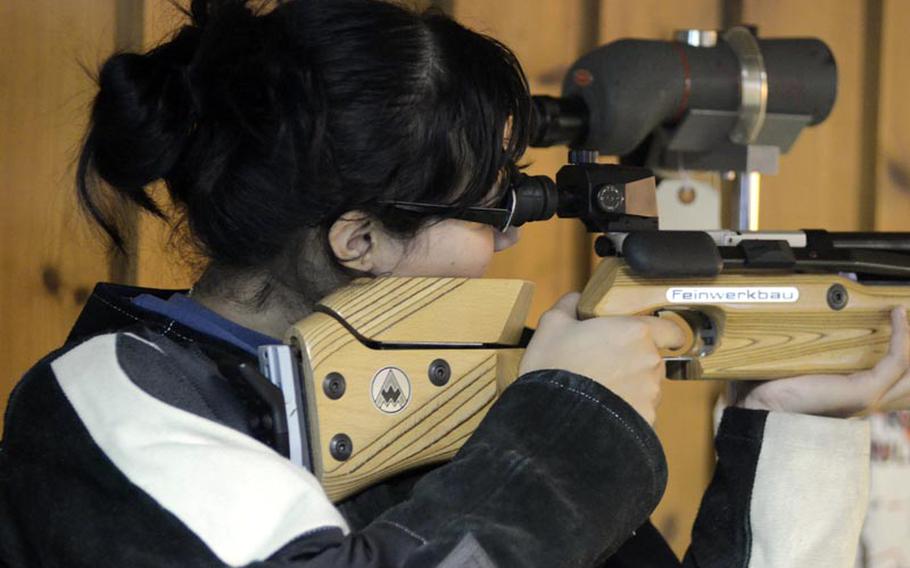 Baumholder senior Mayra Macias shoots during a marksmanship match on Saturday in Heidelberg. Baumholder finished in second place, behind defending champion Patch.