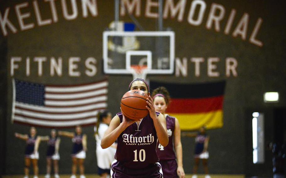 AFNORTH High School's Keylee Soto-Camacho shoots a free throw in the second half of Saturday morning's game against Bitburg High School at Spangdahlem Air Base, Germany. Bitburg went on to defeat AFNORTH 39-31.