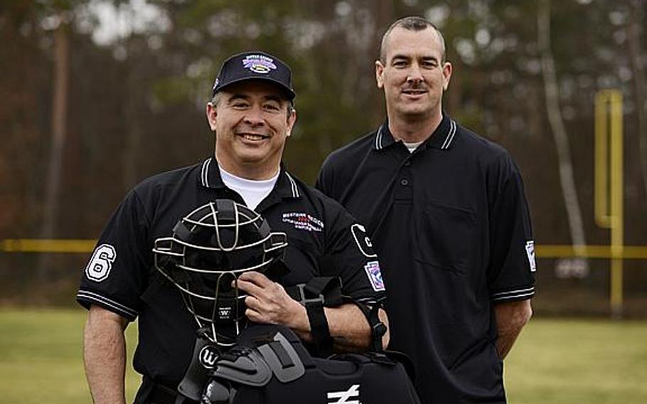 John Valverde, left, a retired airman and civilian with Ramstein's 86th Communications Squadron, has been chosen to umpire at the Junior League World Series. The event, set for Aug. 11-17 at Taylor, Mich., features 13-14 year olds. Senior Master Sgt. Jeff Bise, meanwhile, will work the Big League World Series July 24-31 at Easley, S.C.