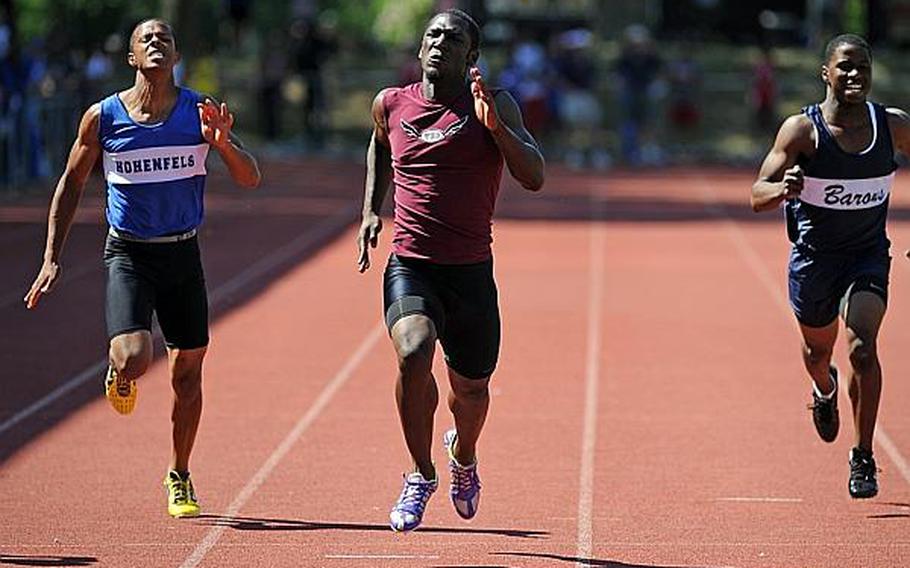 Vilseck's Shawn Peebles dashes to the 200-meter title at last season's DODDS-Europe track and field championships. Peebles will be returning to defend his crown.