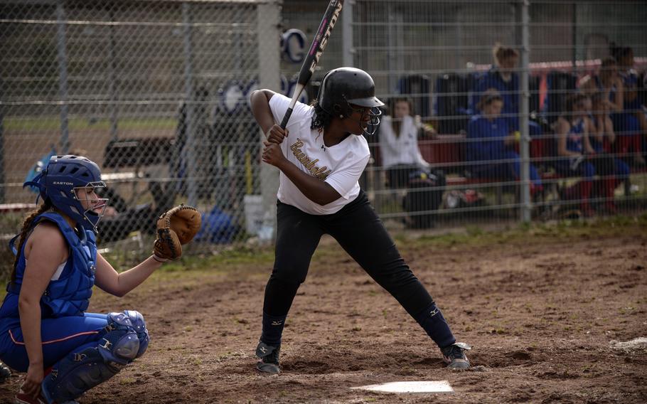 Baumholder High School softball player Key'lanna Hunter bats in a recent double header with Ramstein High School at Baumholder, Germany.