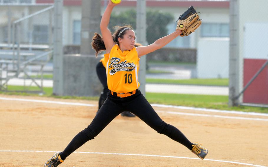 Kadena Panthers' right-hander Bailey Prince, shown delivering against the Kubasaki Dragons during Tuesday's Okinawa Activities Council high school girls softball game at Camp Foster, is one of three freshman starters for the defending Far East Division I Tournament champions.