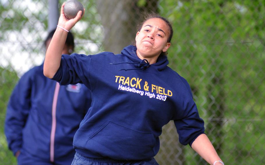 Heidelberg's Janell Moore won the shot put event at the track and field meet in Wiesbaden, Germany, on April 27, 2013, with a throw of 31 feet. The Lions had one track meet rained out, but the rest of their final season has taken place. They will host their final track meet on May 18.