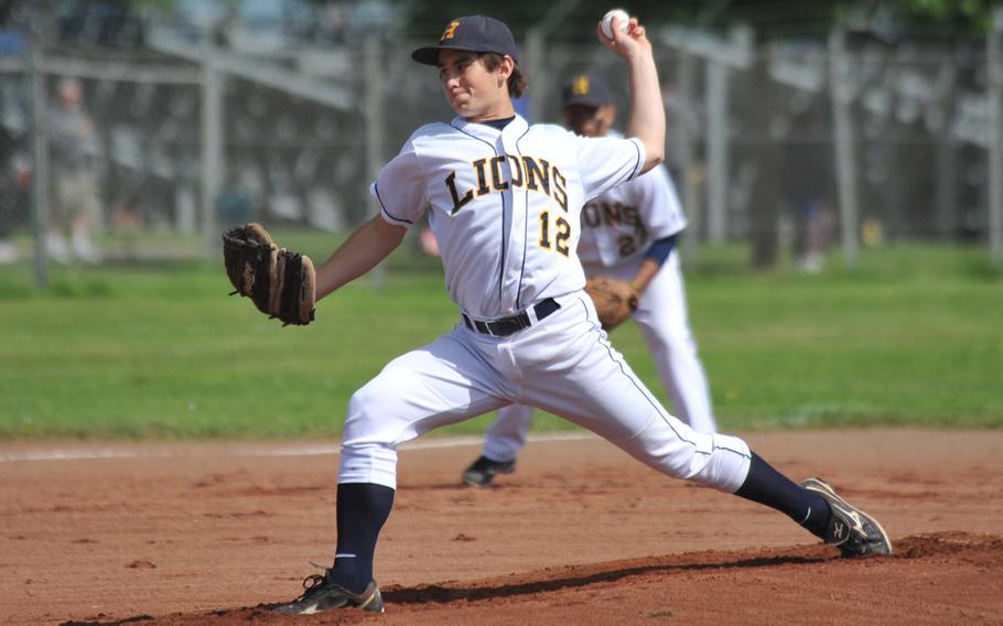 Heidelberg's Joseph Patrick was the winning pitcher in the first game of a doubleheader against Hohenfels Saturday. The Lions swept the Tigers in their final home games.