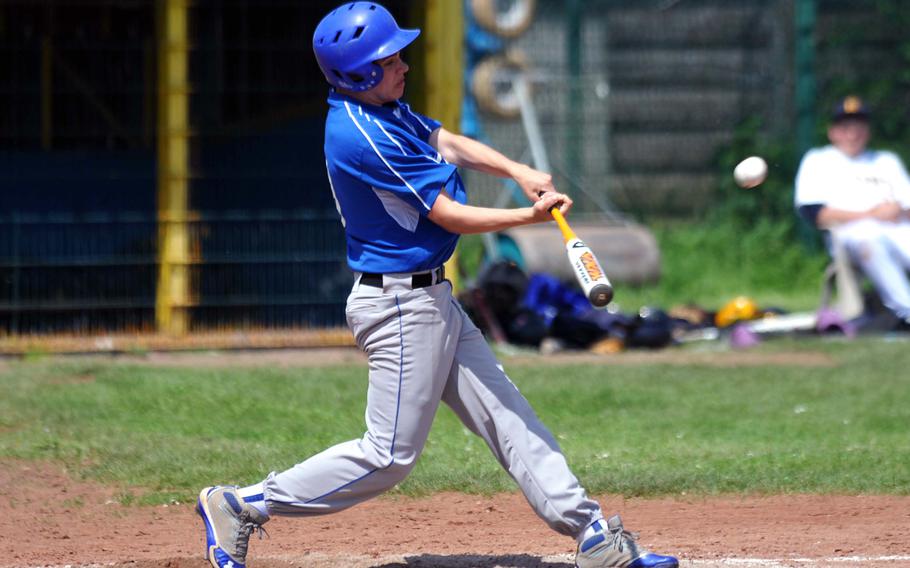 Nathan Weinzetl of Hohenfels connects for a hit in the second game of a doubleheader against Heidelberg Saturday. The Lions swept their final doubleheader against the Tigers.