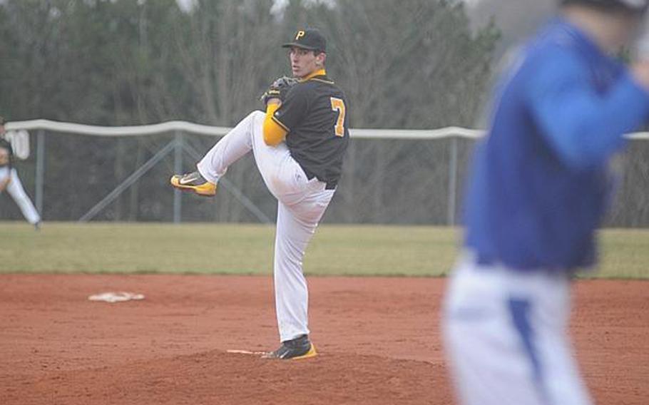 Patch's Ruben Rodriguez pitches during the first game of a doubleheader in March against Ansbach. Rodriguez, one of the best pitchers in DODDS-Europe this year, hopes to lead the Panthers to their fourth straight Division I title.