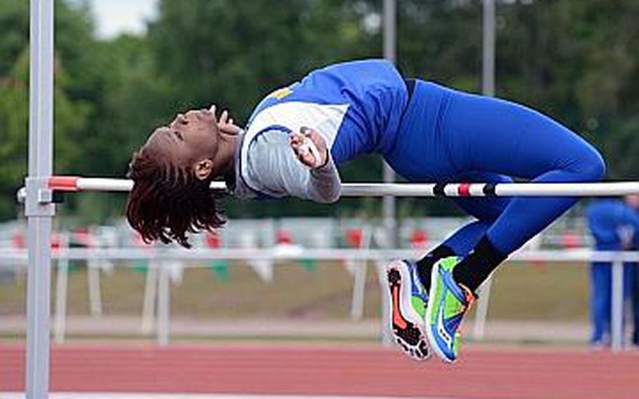 Caprice Lockett of Ansbach won the high jump competition at the DODDS-Europe track and field championships at Kaiserslautern, Germany, Friday with a jump of 5 feet, ahead of Patch's Kelly Makee and Atiya Brigman of Bitburg.