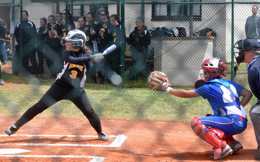 Patch junior Paige Miller winds up her swing during the 2013 Division I DODDS-Europe Softball Championship game against Ramstein at Ramstein Air Base, Saturday. Ramstein won the game 10-3.