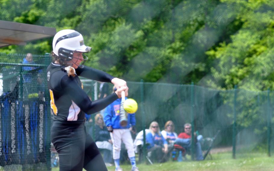 Patch junior Jennifer Sparks hits a foul ball during the 2013 Division I DODDS-Europe Softball Championship game against Ramstein at Ramstein Air Base, Saturday. Ramstein won the game 10-3.