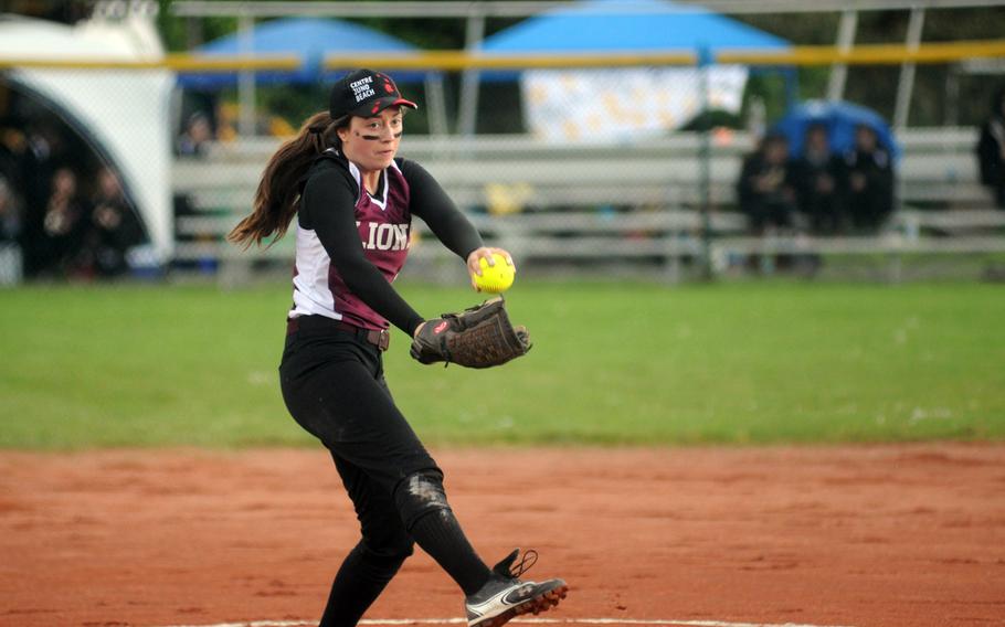 AFNORTH junior Morgan Beal pitches Saturday during the 2013 Division II DODDS-Europe Softball Championship game against Vicenza on Ramstein Air Base. Vicenza won the game 6-4.