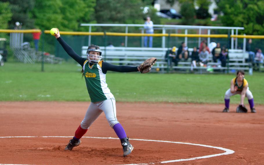 Alconbury senior Marrissa Cole pitches Saturday during the 2013 Division III DODDS-Europe Softball Championship game against Rota on Ramstein Air Base. Alconbury won the game 13-2. Cole was the Division III tournament MVP.